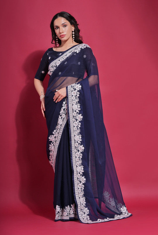 Jyoti Fashion Women's Navy Blue Coding Work Georgette Saree with Blouse