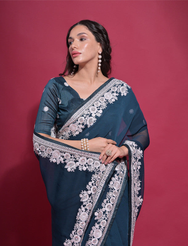 Jyoti Fashion Women's Morpich Coding Work Georgette Saree with Blouse
