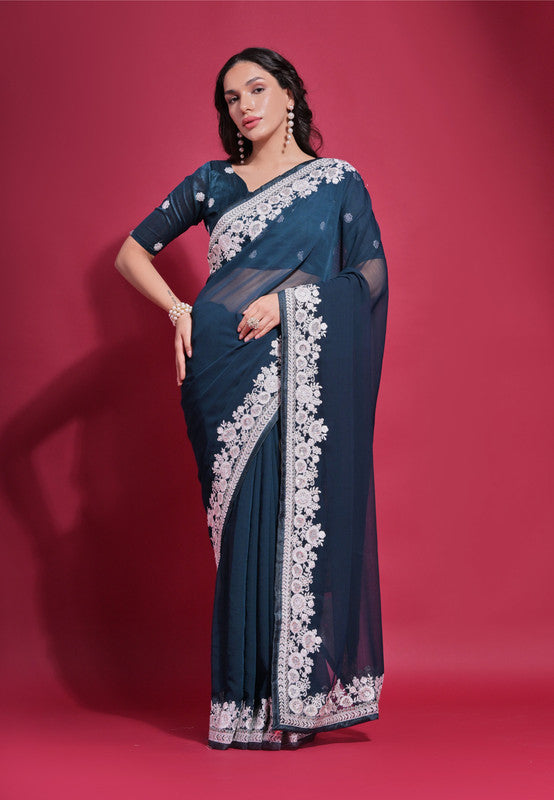 Jyoti Fashion Women's Morpich Coding Work Georgette Saree with Blouse