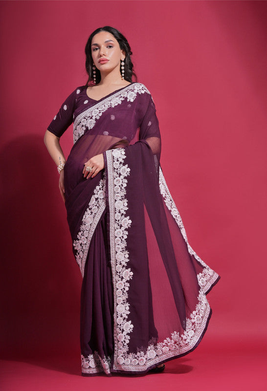 Jyoti Fashion Women's Wine Coding Work Georgette Saree with Blouse
