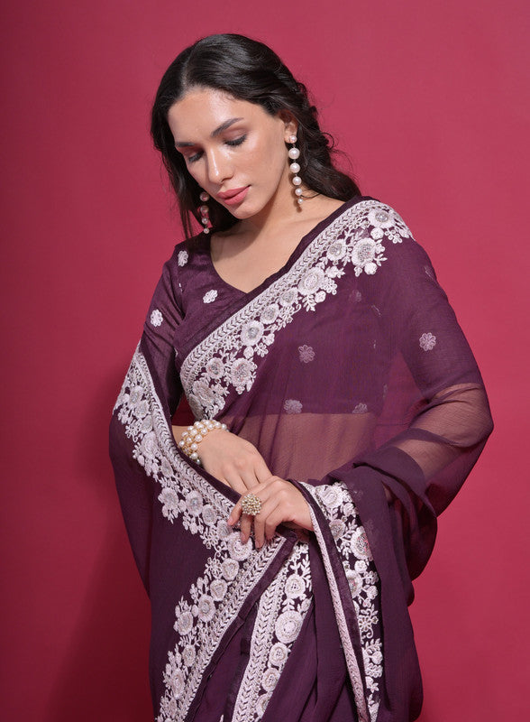 Jyoti Fashion Women's Wine Coding Work Georgette Saree with Blouse