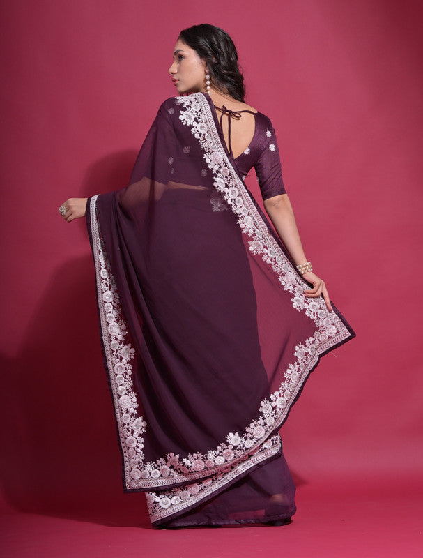 Jyoti Fashion Women's Wine Coding Work Georgette Saree with Blouse