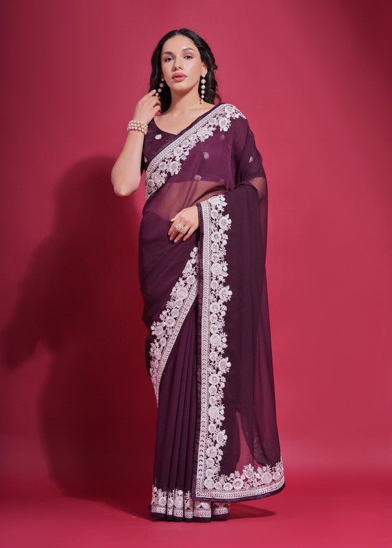 Jyoti Fashion Women's Wine Coding Work Georgette Saree with Blouse