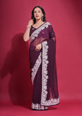 Jyoti Fashion Women's Wine Coding Work Georgette Saree with Blouse
