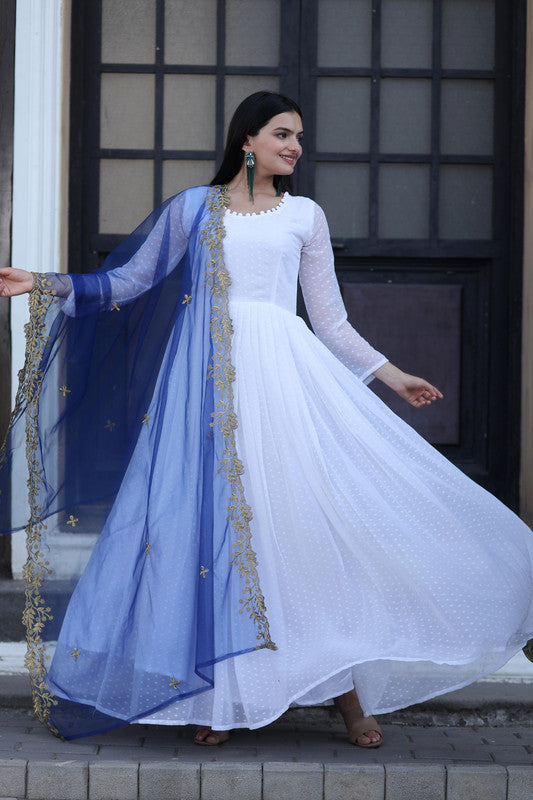 Jyoti Fashion Women's White Faux Georgette Butti work Anarkali Dress with Dupatta