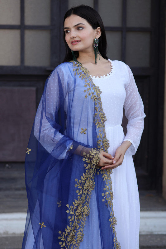 Jyoti Fashion Women's White Faux Georgette Butti work Anarkali Dress with Dupatta