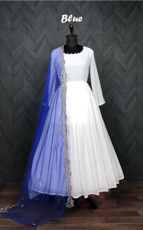 Jyoti Fashion Women's White Faux Georgette Butti work Anarkali Dress with Dupatta
