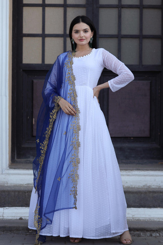 Jyoti Fashion Women's White Faux Georgette Butti work Anarkali Dress with Dupatta