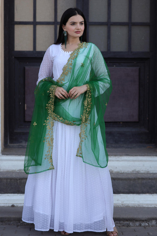 Jyoti Fashion Women's White Faux Georgette Butti work Anarkali Dress with Dupatta