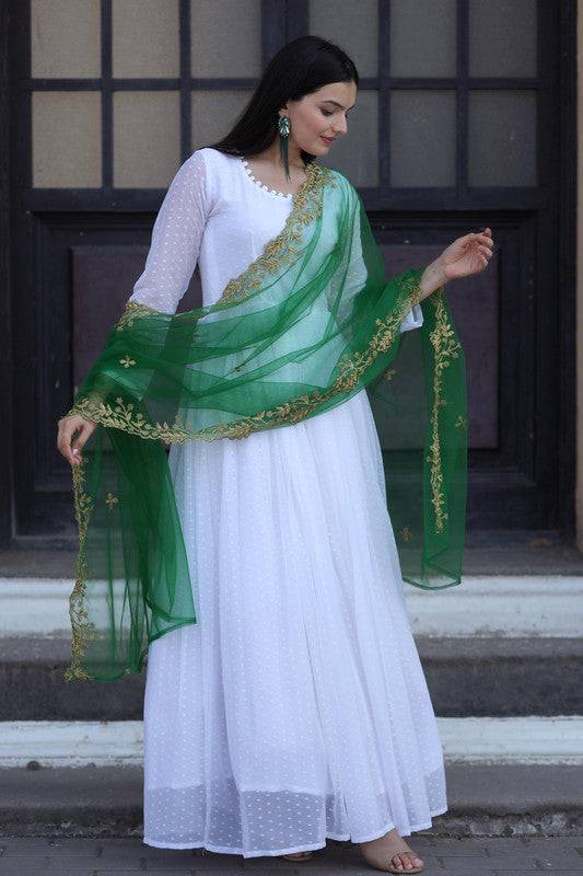 Jyoti Fashion Women's White Faux Georgette Butti work Anarkali Dress with Dupatta