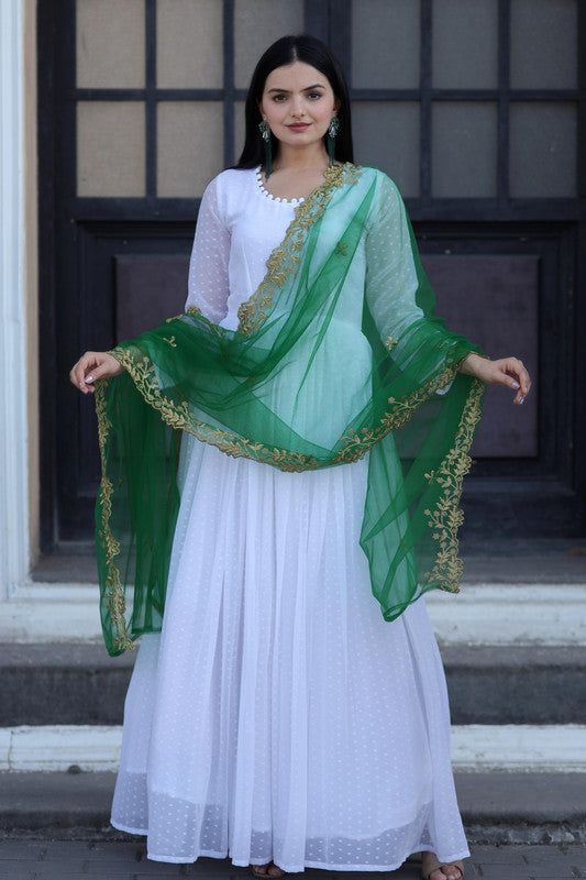 Jyoti Fashion Women's White Faux Georgette Butti work Anarkali Dress with Dupatta