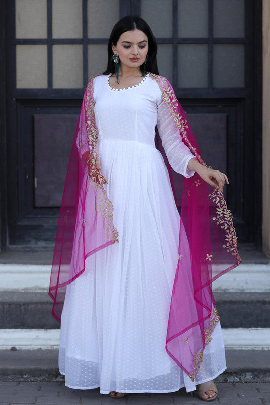 Jyoti Fashion Women's White Faux Georgette Butti work Anarkali Dress with Dupatta