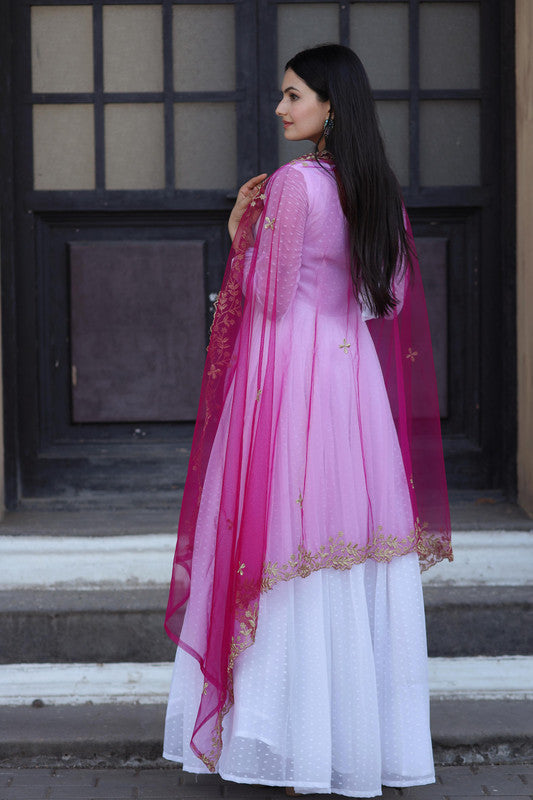 Jyoti Fashion Women's White Faux Georgette Butti work Anarkali Dress with Dupatta
