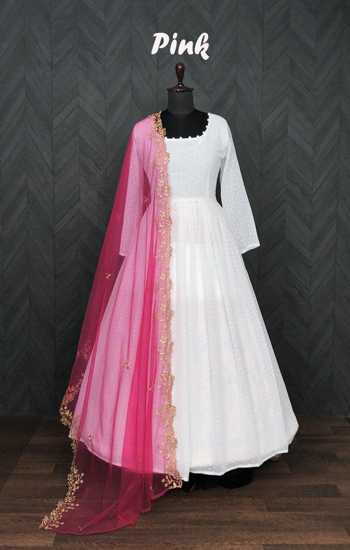 Jyoti Fashion Women's White Faux Georgette Butti work Anarkali Dress with Dupatta