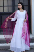 Jyoti Fashion Women's White Faux Georgette Butti work Anarkali Dress with Dupatta
