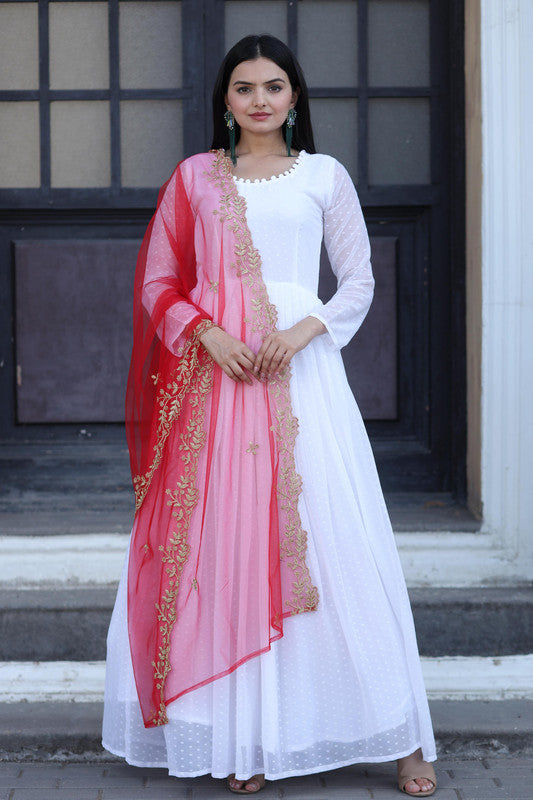 Jyoti Fashion Women's White Faux Georgette Butti work Anarkali Dress with Dupatta