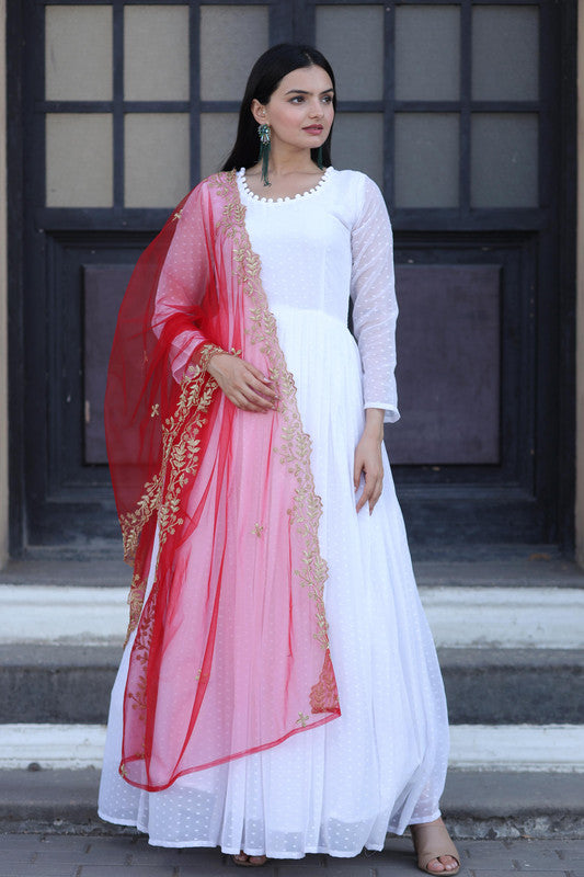 Jyoti Fashion Women's White Faux Georgette Butti work Anarkali Dress with Dupatta