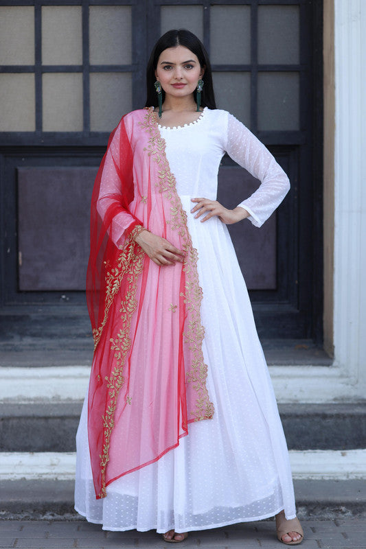 Jyoti Fashion Women's White Faux Georgette Butti work Anarkali Dress with Dupatta