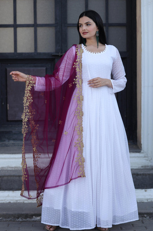 Jyoti Fashion Women's White Faux Georgette Butti work Anarkali Dress with Dupatta