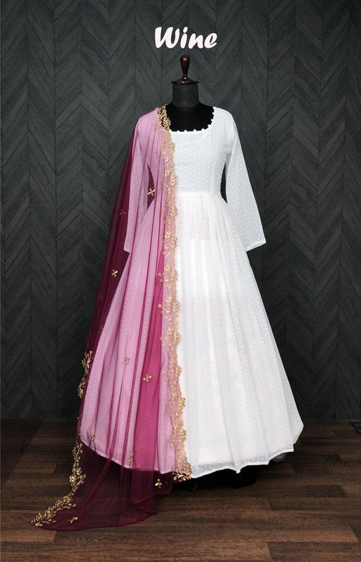 Jyoti Fashion Women's White Faux Georgette Butti work Anarkali Dress with Dupatta