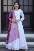 Jyoti Fashion Women's White Faux Georgette Butti work Anarkali Dress with Dupatta
