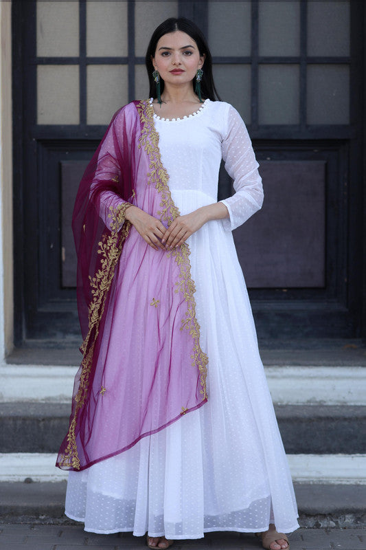 Jyoti Fashion Women's White Faux Georgette Butti work Anarkali Dress with Dupatta