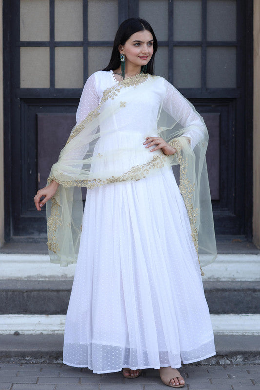Jyoti Fashion Women's White Faux Georgette Butti work Anarkali Dress with Dupatta