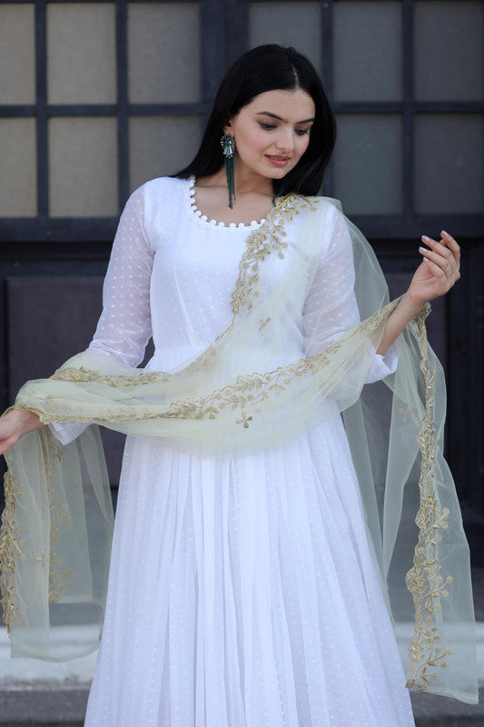 Jyoti Fashion Women's White Faux Georgette Butti work Anarkali Dress with Dupatta