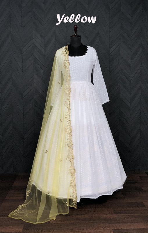 Jyoti Fashion Women's White Faux Georgette Butti work Anarkali Dress with Dupatta