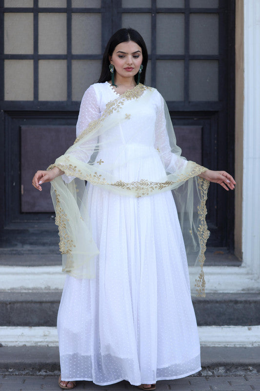 Jyoti Fashion Women's White Faux Georgette Butti work Anarkali Dress with Dupatta