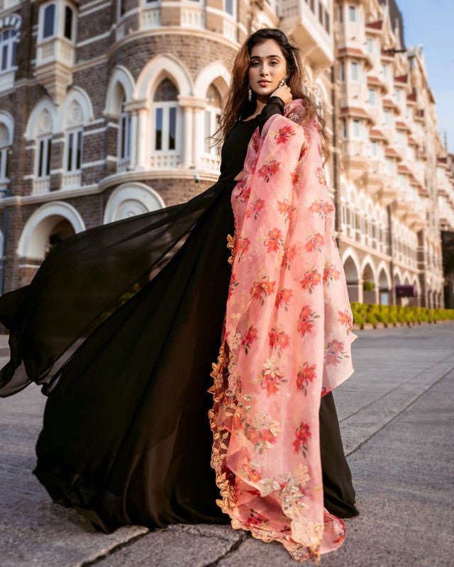 Jyoti Fashion Women's Black Faux Blooming Partywear Anarkali Dress with Dupatta