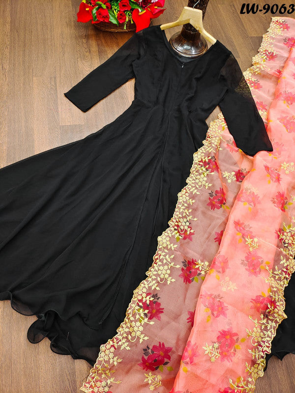 Jyoti Fashion Women's Black Faux Blooming Partywear Anarkali Dress with Dupatta