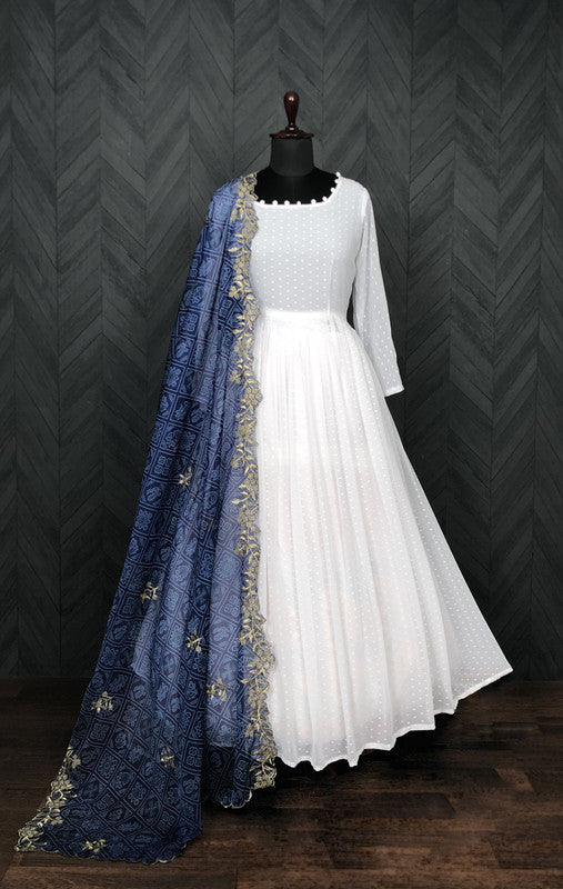 Jyoti Fashion Women's White Georgette Butti work Partywear Anarkali Dress with Dupatta