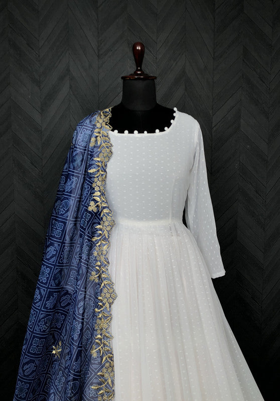 Jyoti Fashion Women's White Georgette Butti work Partywear Anarkali Dress with Dupatta