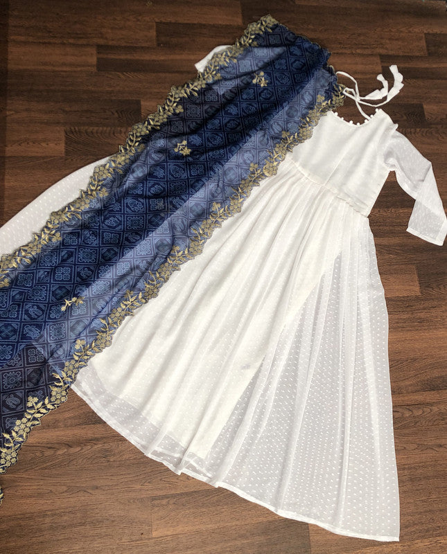 Jyoti Fashion Women's White Georgette Butti work Partywear Anarkali Dress with Dupatta