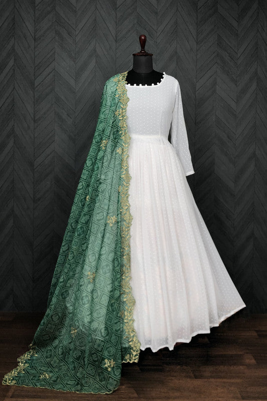 Jyoti Fashion Women's White Georgette Butti work Partywear Anarkali Dress with Dupatta