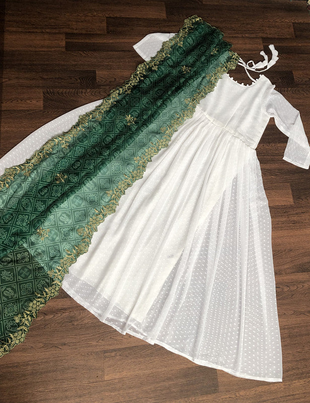Jyoti Fashion Women's White Georgette Butti work Partywear Anarkali Dress with Dupatta
