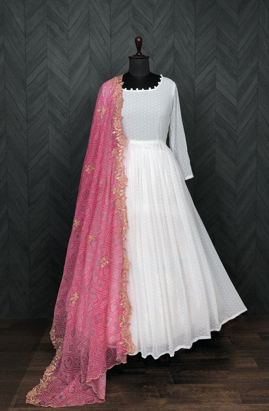 Jyoti Fashion Women's White Georgette Butti work Partywear Anarkali Dress with Pink Dupatta