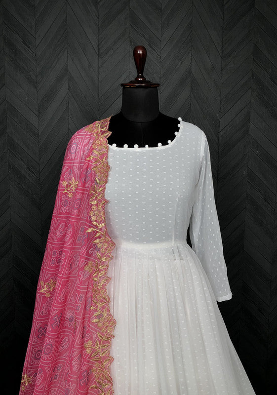 Jyoti Fashion Women's White Georgette Butti work Partywear Anarkali Dress with Pink Dupatta