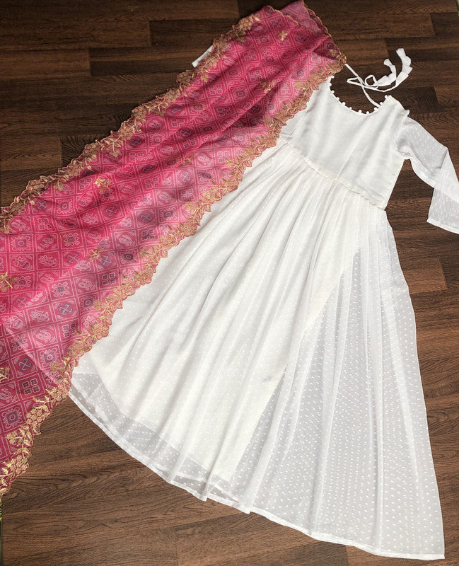 Jyoti Fashion Women's White Georgette Butti work Partywear Anarkali Dress with Pink Dupatta