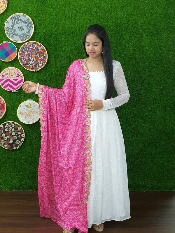 Jyoti Fashion Women's White Georgette Butti work Partywear Anarkali Dress with Pink Dupatta