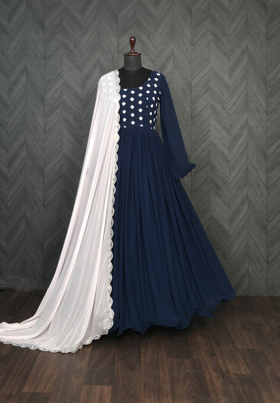 Jyoti Fashion Women's Navy Blue Faux Blooming Thread Embroidery Partywear Anarkali Dress with Dupatta