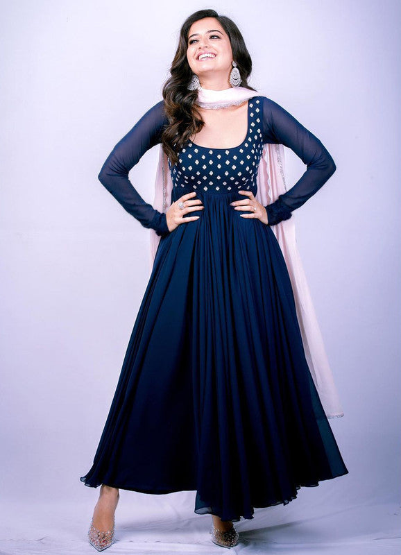 Jyoti Fashion Women's Navy Blue Faux Blooming Thread Embroidery Partywear Anarkali Dress with Dupatta