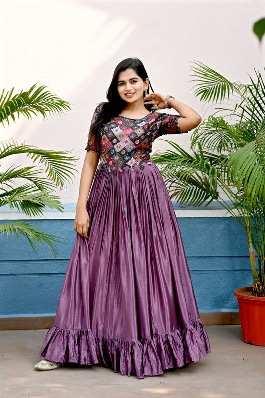 Jyoti Fashion Women's Purple Sequins Work Chinon Partywear Anarkali Dress