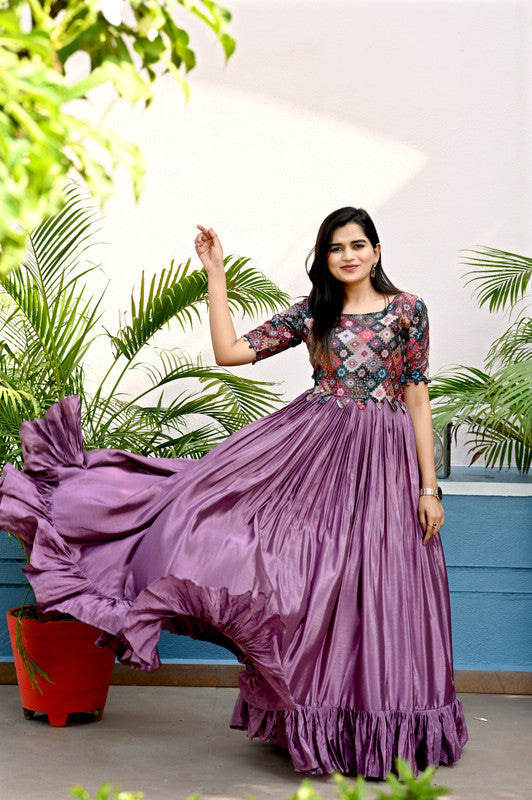 Jyoti Fashion Women's Purple Sequins Work Chinon Partywear Anarkali Dress