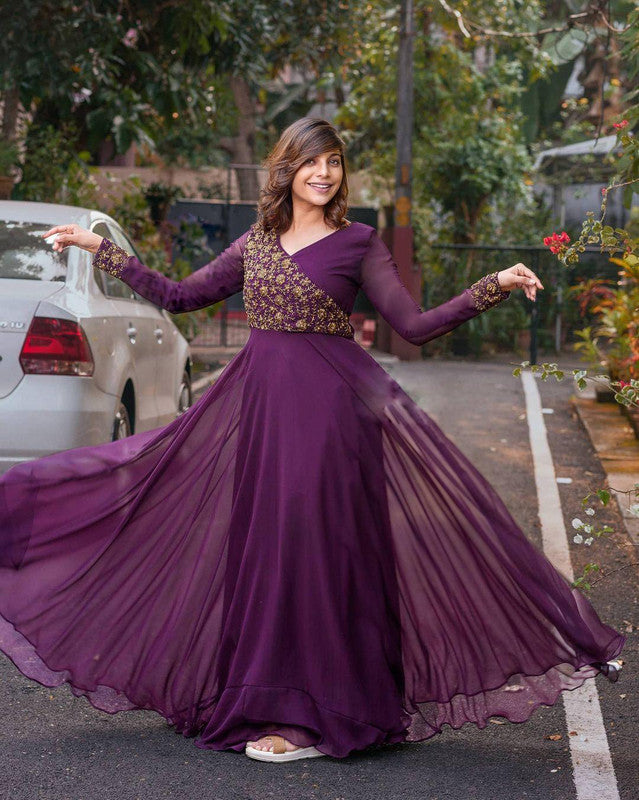 Jyoti Fashion Women's Wine Faux Blooming Sequins Embroidered Partywear Anarkali Dress