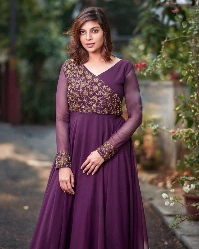 Jyoti Fashion Women's Wine Faux Blooming Sequins Embroidered Partywear Anarkali Dress