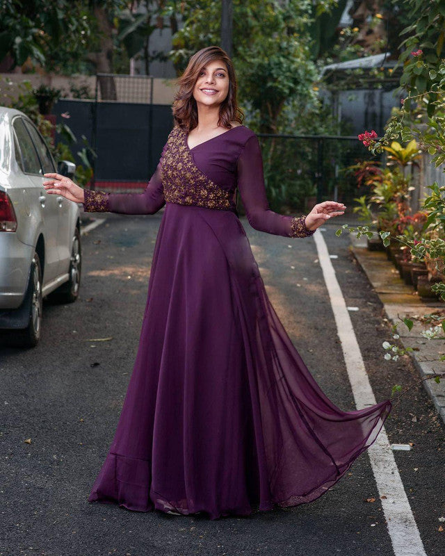 Jyoti Fashion Women's Wine Faux Blooming Sequins Embroidered Partywear Anarkali Dress