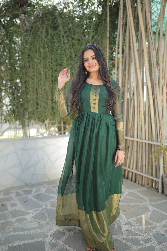 Jyoti Fashion Women's Green Chiffon Zari Woven Festive Anarkali Dress