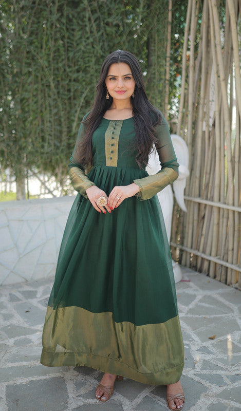 Jyoti Fashion Women's Green Chiffon Zari Woven Festive Anarkali Dress